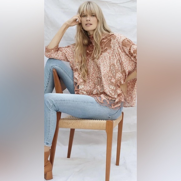NWT Anthropologie size L Marcie lace blouse in brown motif - Picture 1 of 13